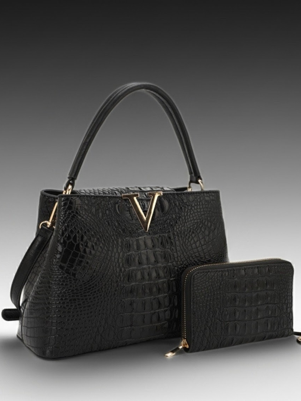 Black Croc-Embossed Top-Handle Tote with Matching Wallet